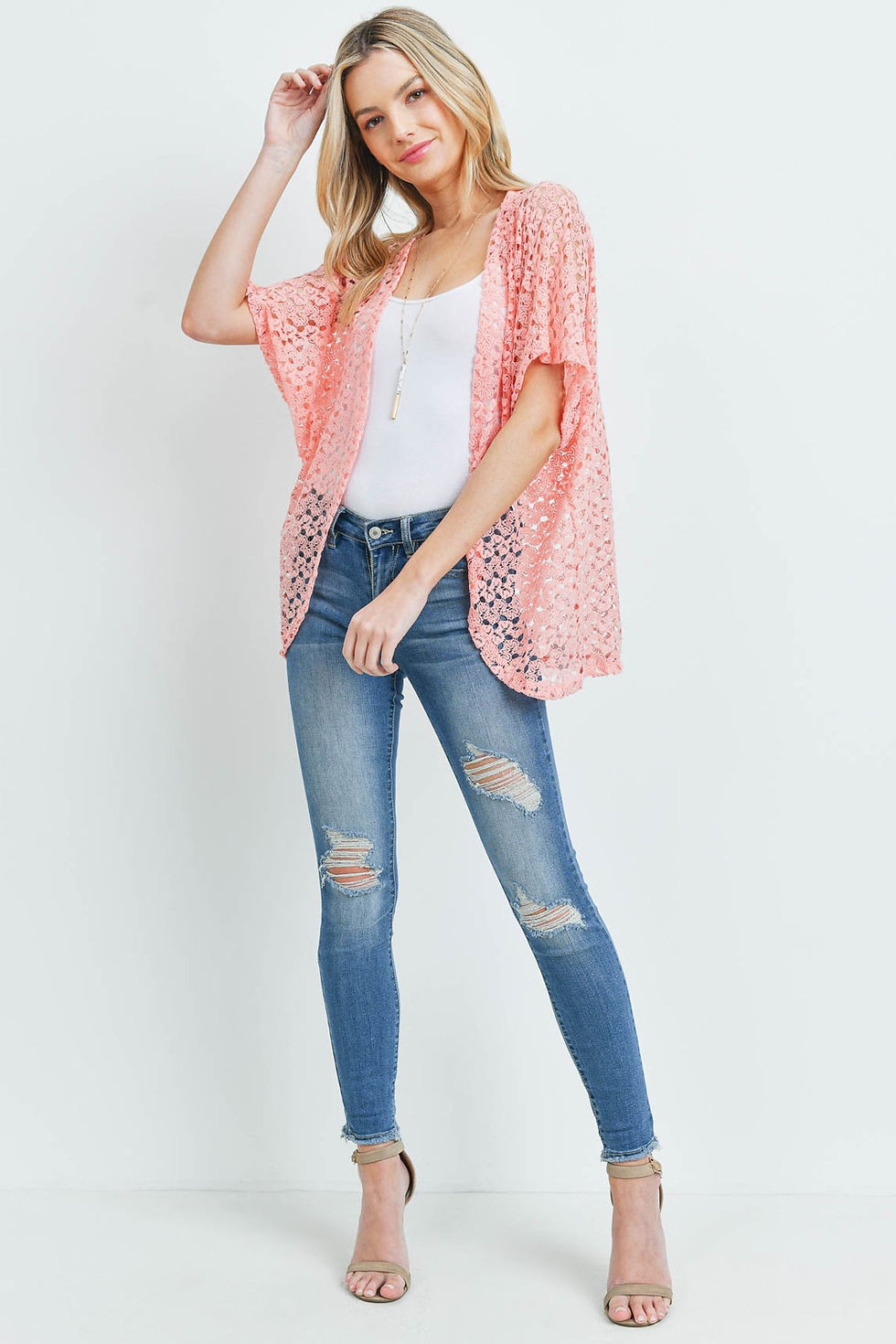 Thumbnail: Pn231x017i1 - Pink Hip Length Crochet Kimono