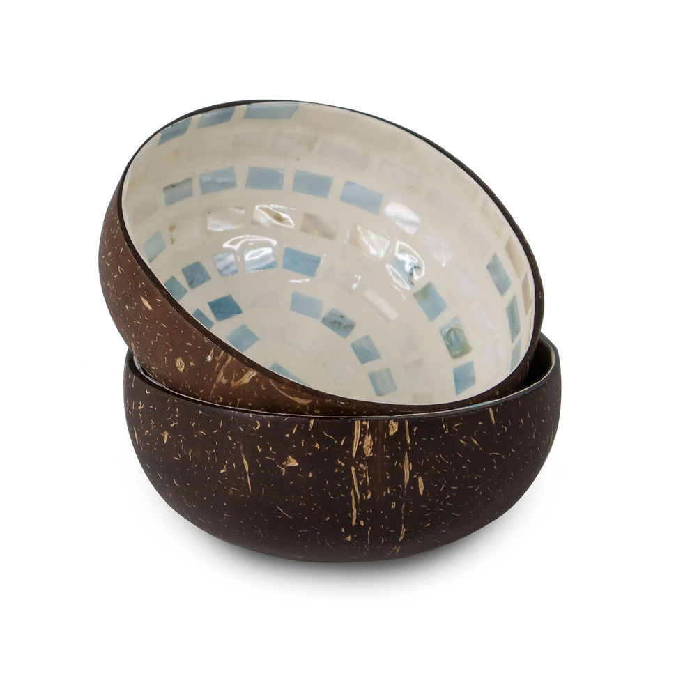 Thumbnail: Set 2 Mother of Pearl Inlay Coconut Bowl Serving Fruits & Dry Snack for Kitchen 