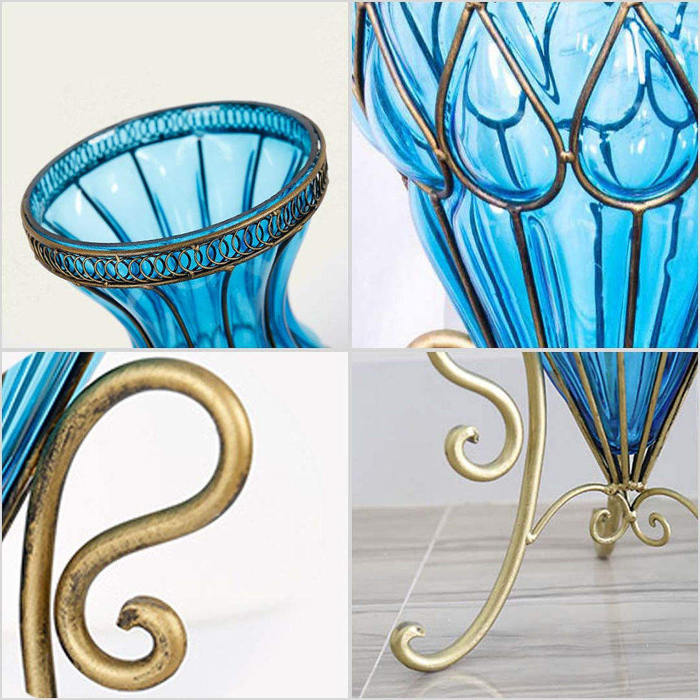 Thumbnail: 67cm Blue Glass Tall Floor Vase with Metal Flower Stand
