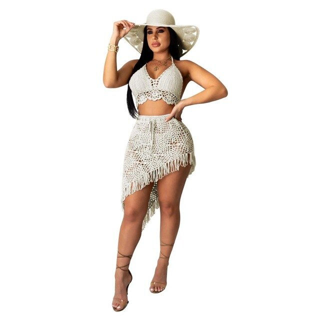 Thumbnail: Solid Crochet Bikini Set Hand Made Bra Crop Top Skirt Knitted Tassel Set Swimmin