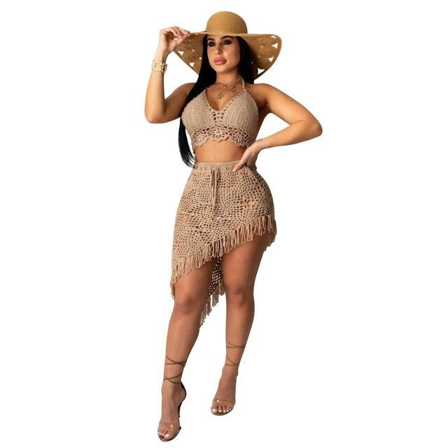 Thumbnail: Solid Crochet Bikini Set Hand Made Bra Crop Top Skirt Knitted Tassel Set Swimmin
