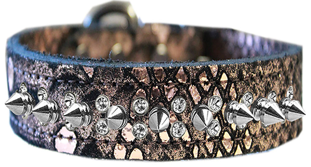 Double Clear Crystal and Silver Spike Dragon Skin Genuine Leather Dog Collar