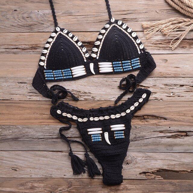 Thumbnail: Sexy Bikini Crochet shell Set Halter Lace Up Bra Top Thong Swimsuit Beach Lady K