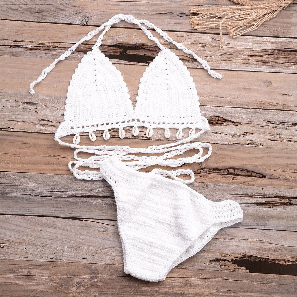 Thumbnail: Sexy Handmade Crochet Bikini Set Halter Lace Up Bra Top With Shell Thong Knitted