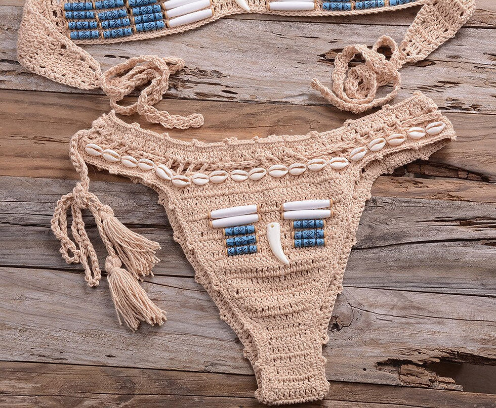 Thumbnail: Sexy Bikini Crochet shell Set Halter Lace Up Bra Top Thong Swimsuit Beach Lady K