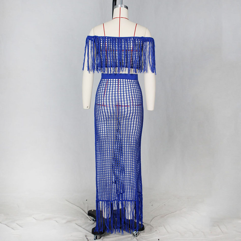 Thumbnail: Solid Crochet Beach Swimsuit Off Shoulder Tassel Crop Top Hollow Out Side Split 