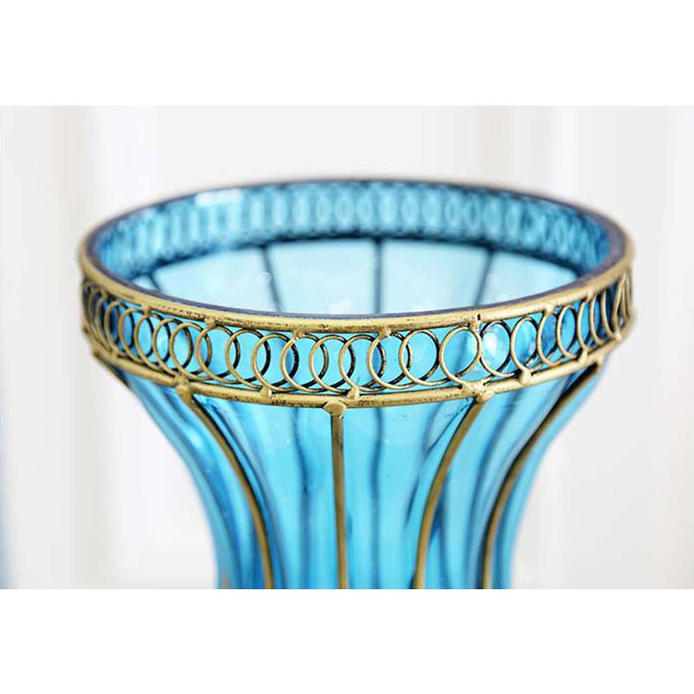 Thumbnail: 67cm Blue Glass Tall Floor Vase with Metal Flower Stand