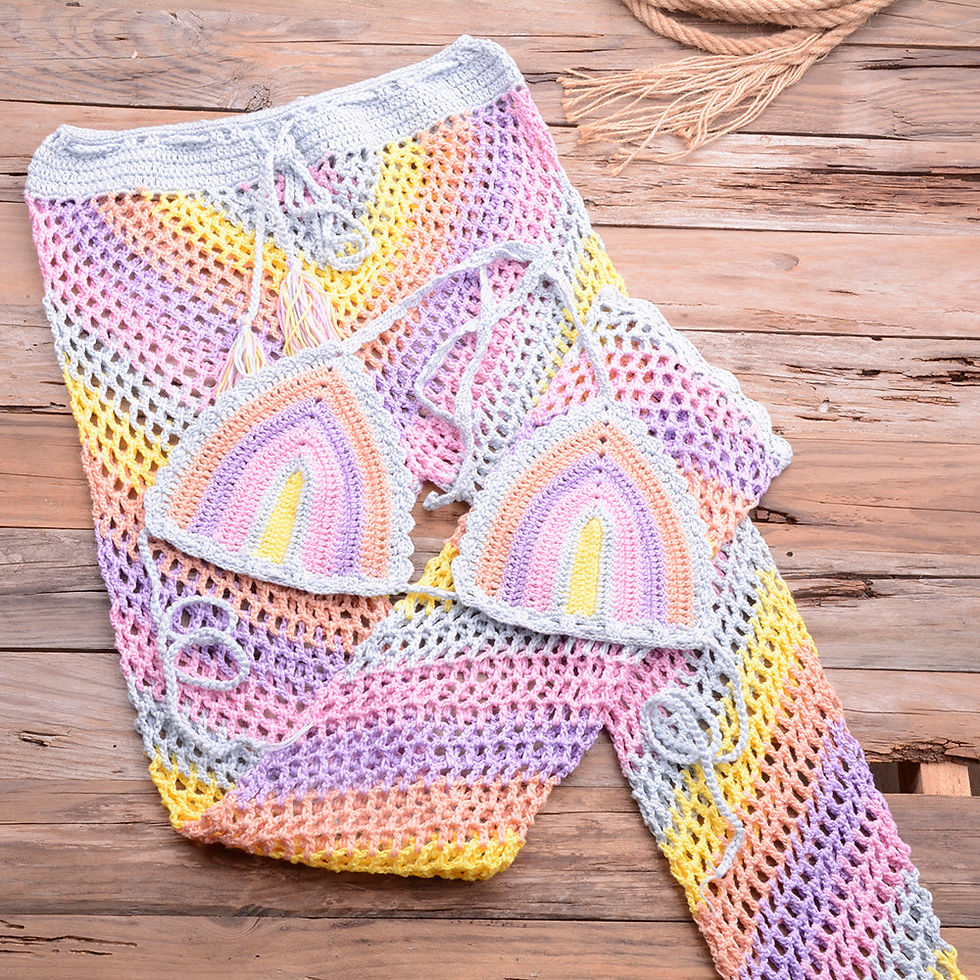 Thumbnail: Women Sexy Colorful Crochet Bikini Pants Set Cover-up Sexy Tassel Beach See Thro