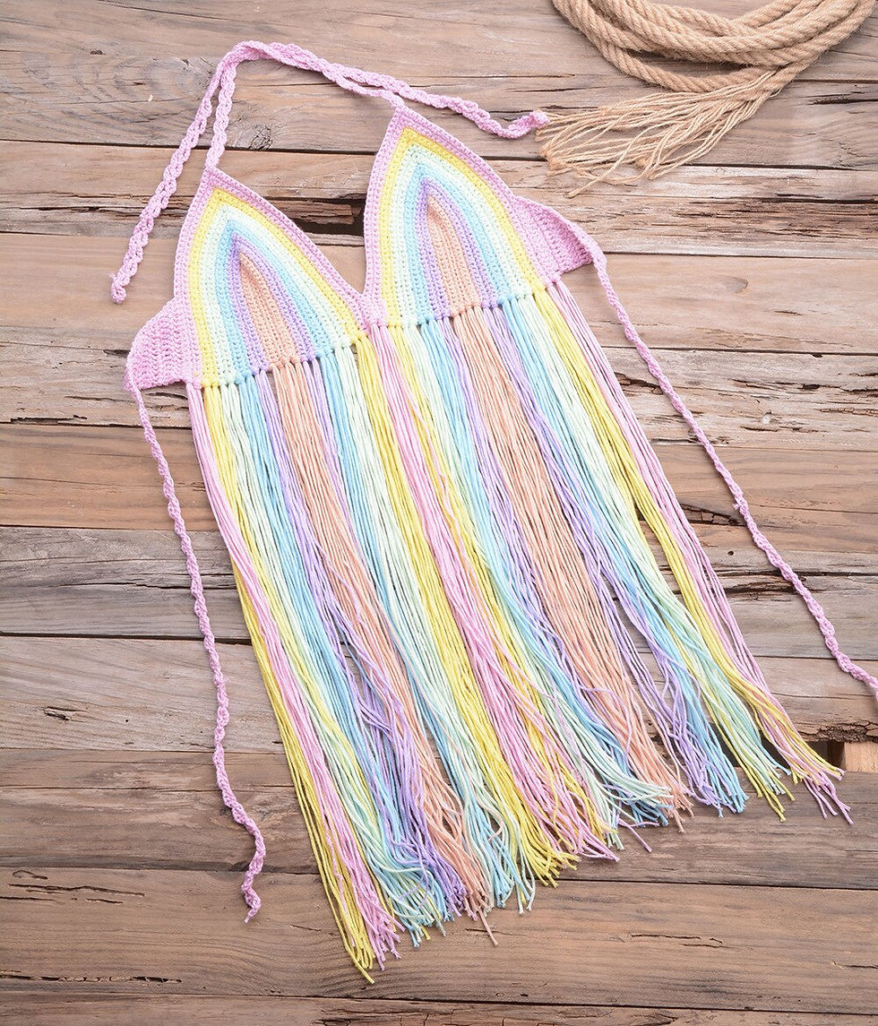 Thumbnail: Sexy Rainbow Tassel Halter Crochet Top Lace Up Hollow Out Bra Top Swimwear Beach