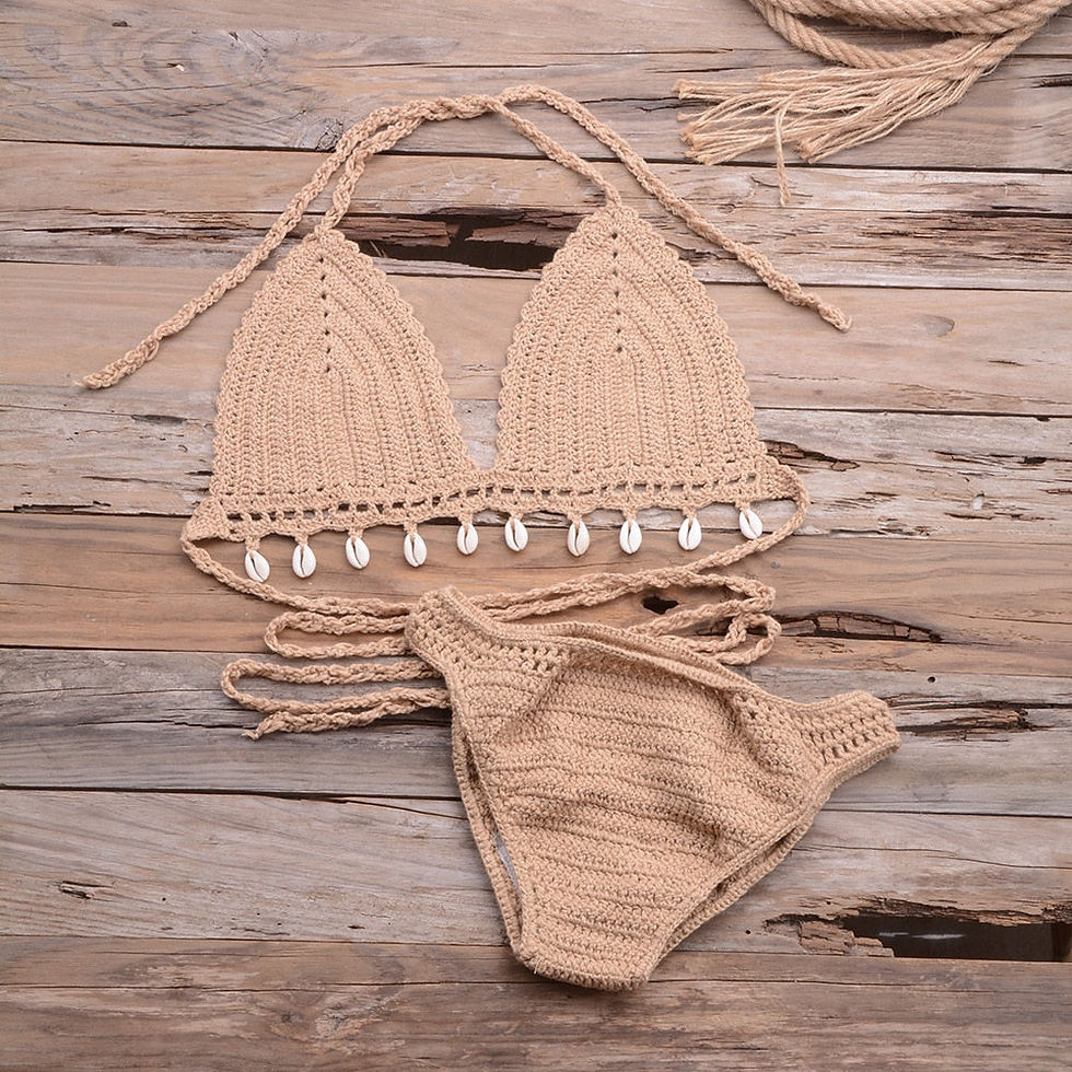 Thumbnail: Sexy Handmade Crochet Bikini Set Halter Lace Up Bra Top With Shell Thong Knitted