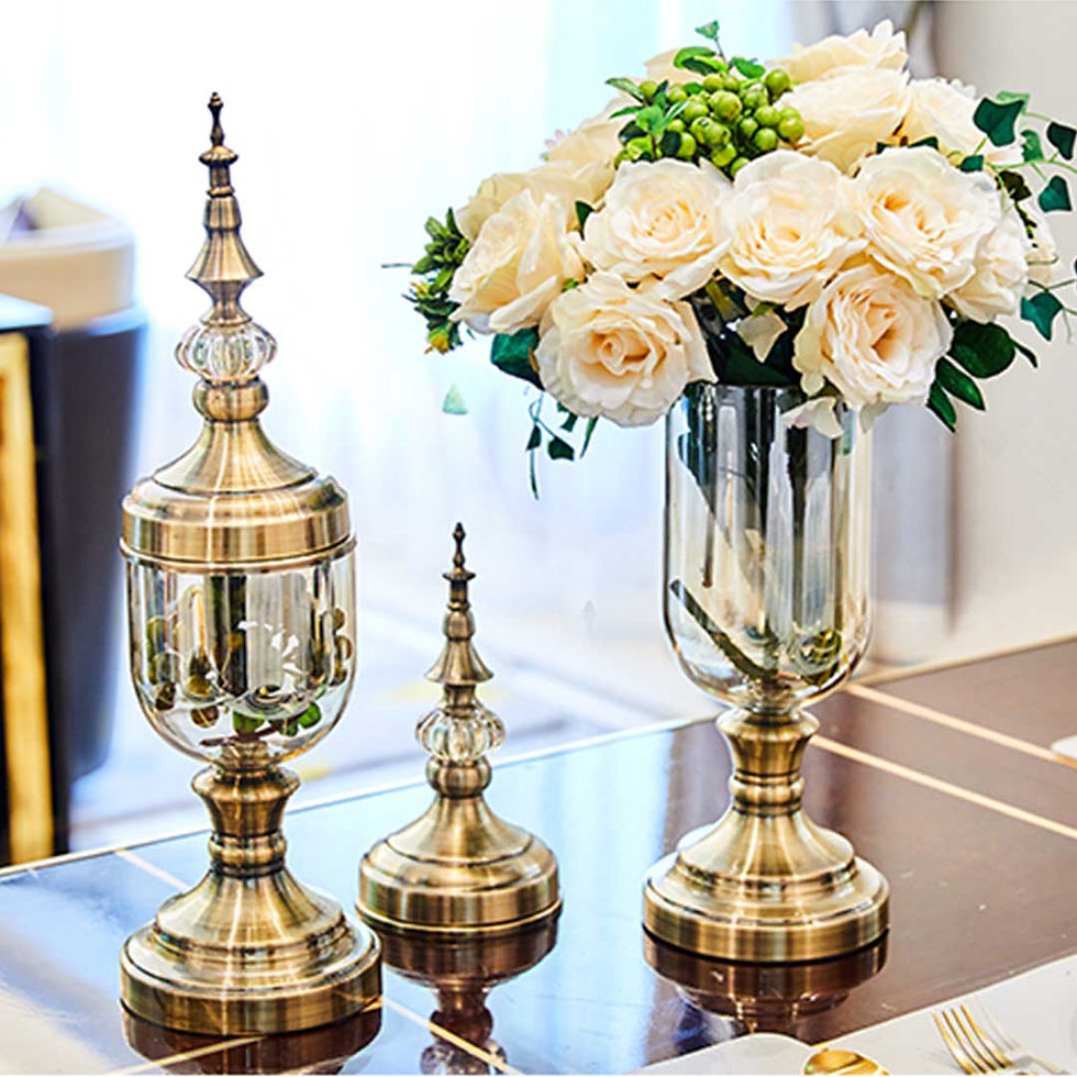 Thumbnail: 2X Clear Glass Flower Vase with Lid and White Flower Filler Vase Gold Set