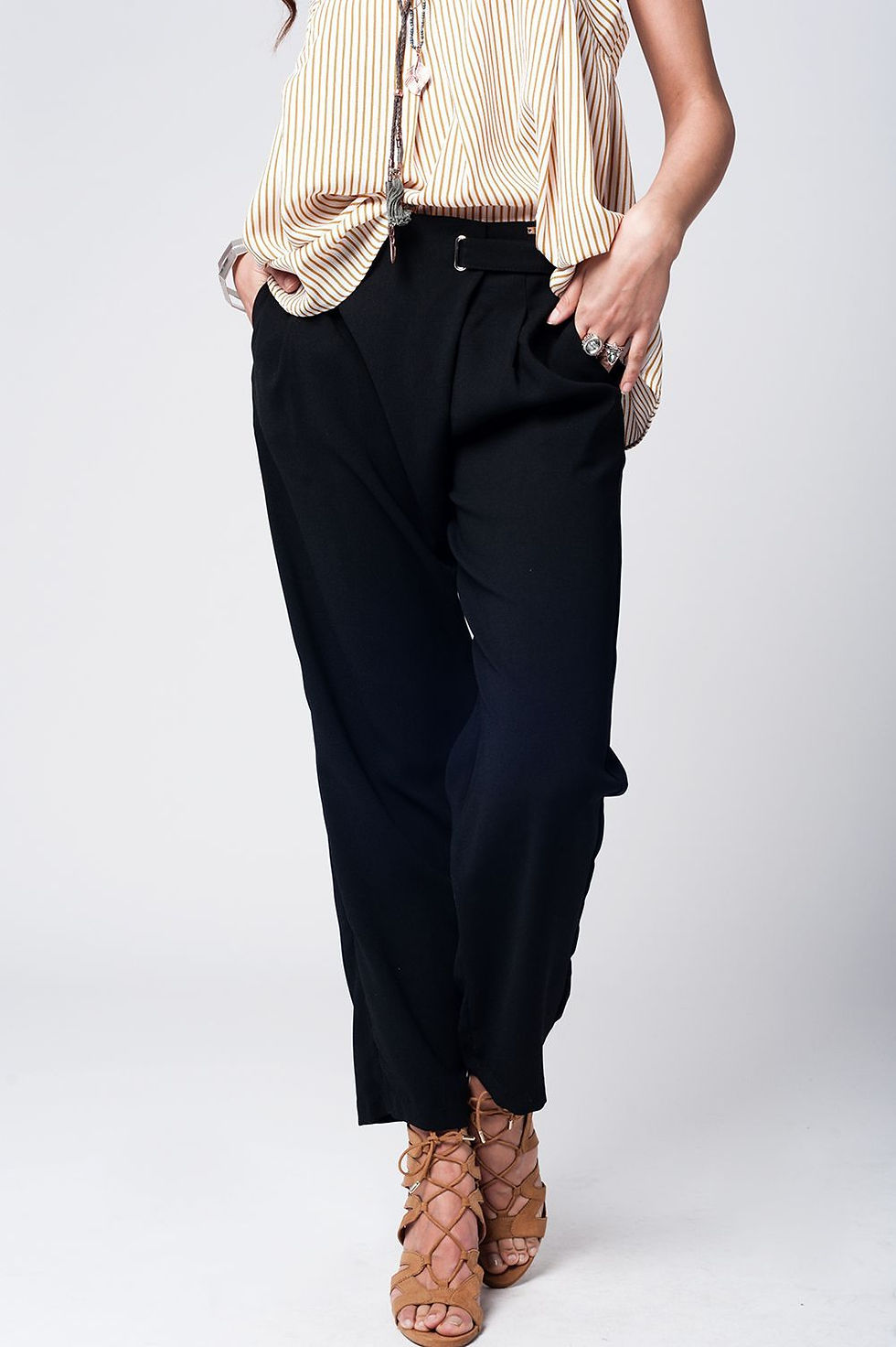 Thumbnail: Black Wide Leg Trousers With Waist Detail