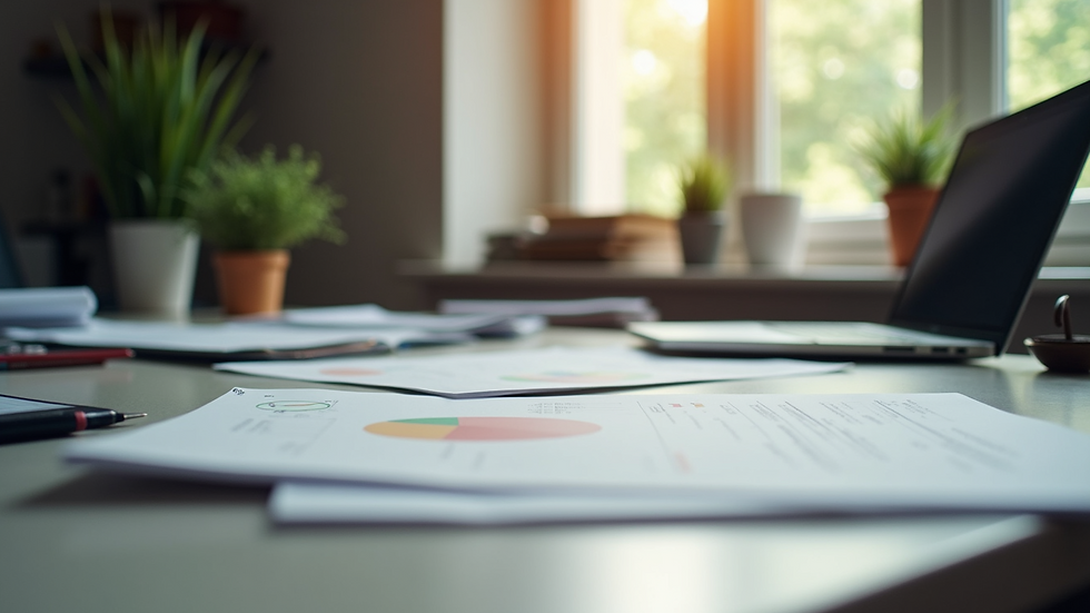 Eye-level view of a tidy office desk with organised files and a laptop