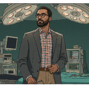 Dr. Paul Kalanithi in glasses, plaid shirt, and blazer stands in an operating room with medical equipment. Overhead lights are on, creating a focused mood.