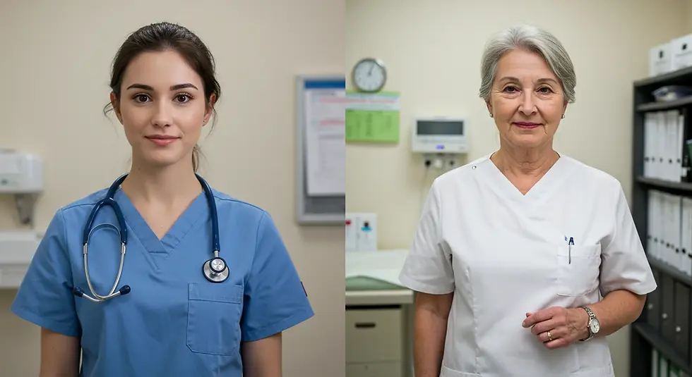 Two women in medical uniforms; one in blue with a stethoscope, the other in white. They're in a clinical setting with charts in the background.