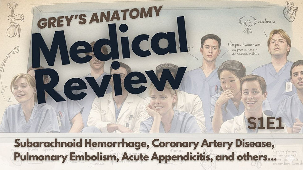 Doctors in scrubs and coats are sitting, with medical diagrams as the backdrop. Text reads "Grey's Anatomy Medical Review S1E1."