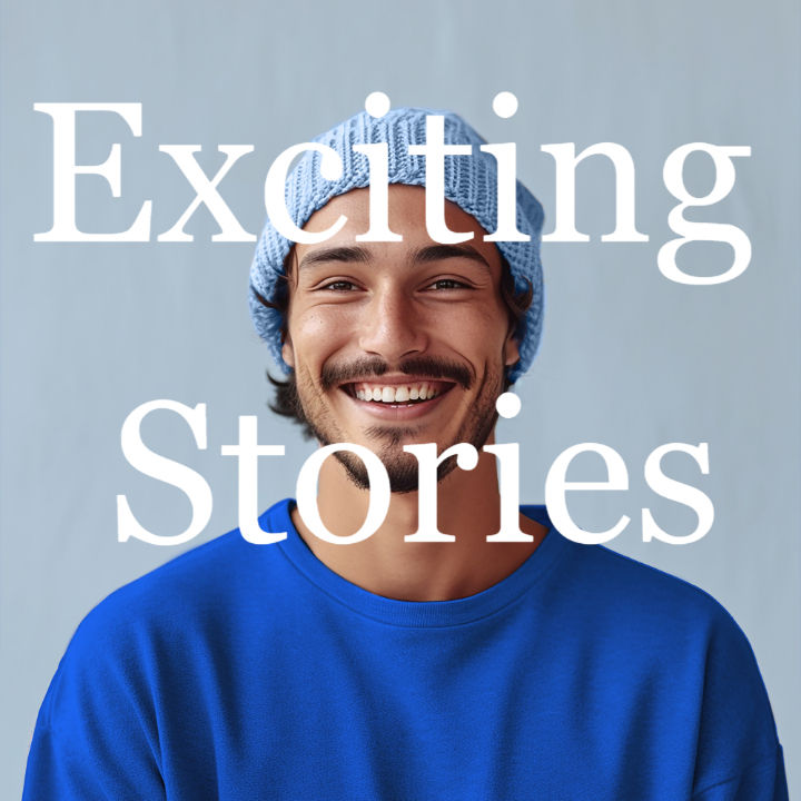 A man with a blue T-shirt smiling and looking at you. It can be read in the card: Exciting stories.