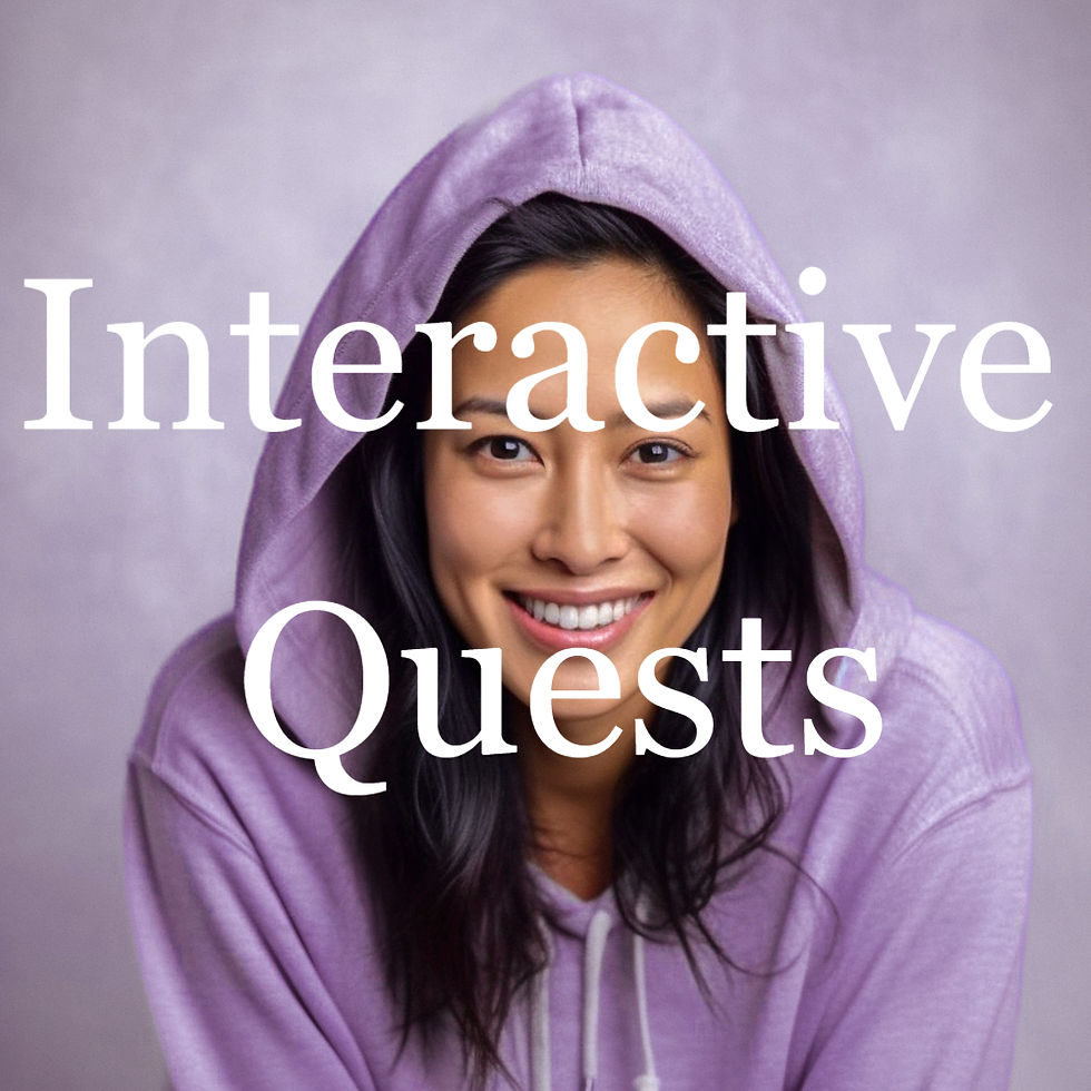 A woman with a purple hoodie smiling. It can be read in the card: Interactive Quest.