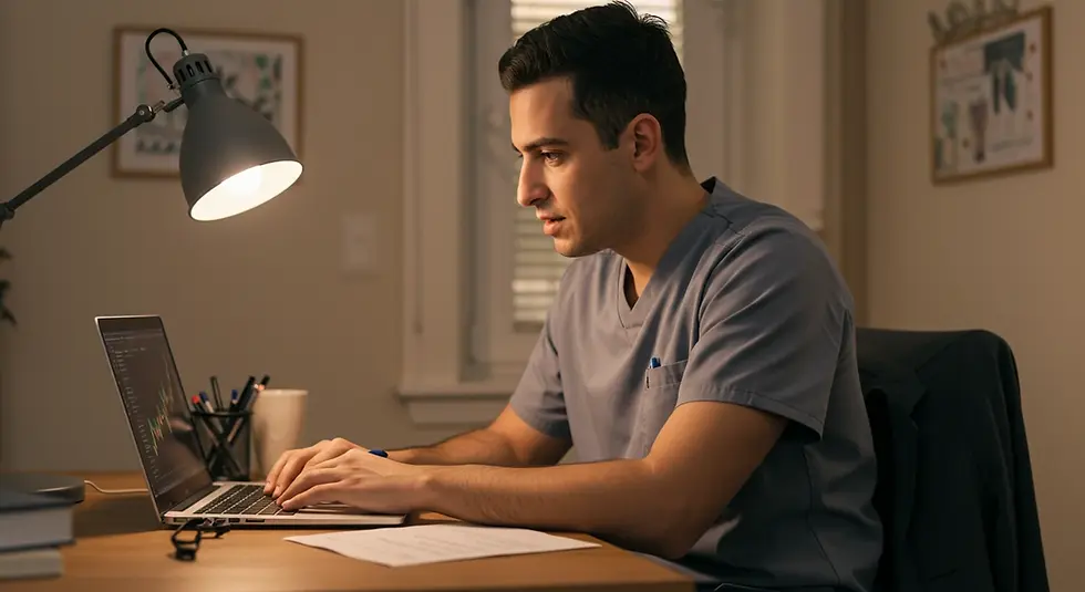 Man in scrubs focused on laptop under lamp light. Papers and pen nearby. Room with framed art, window blinds. Calm, studious mood.