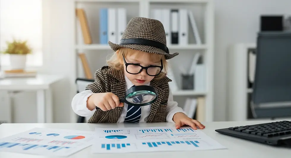 A child in a hat and glasses examines charts with a magnifying glass in a bright office. Documents and a keyboard are on the table.