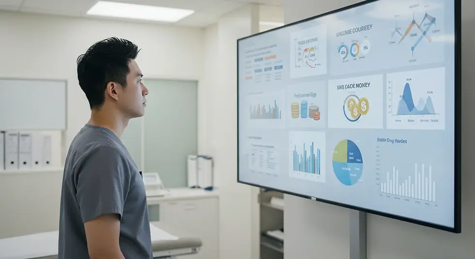 A person in scrubs looks at a monitor showing colorful graphs and charts in a bright office, suggesting a data analysis setting.