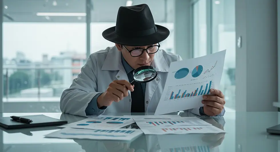 Persona con sombrero usando una lupa para examinar gráficos y tablas en papel en una oficina iluminada. Expresión concentrada y actitud analítica.