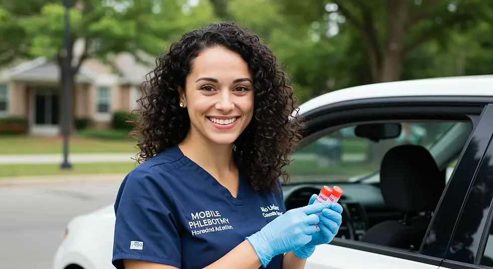 Smiling woman in blue scrubs holds blood vials outside a car. "Mobile Phlebotomy" text on uniform. Green trees and buildings in background.