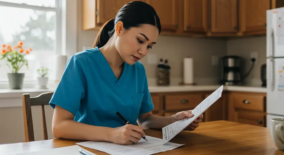 A person in blue scrubs writes on a paper in a kitchen with wooden cabinets and flowers. Focused, working mood. Natural light streams in.
