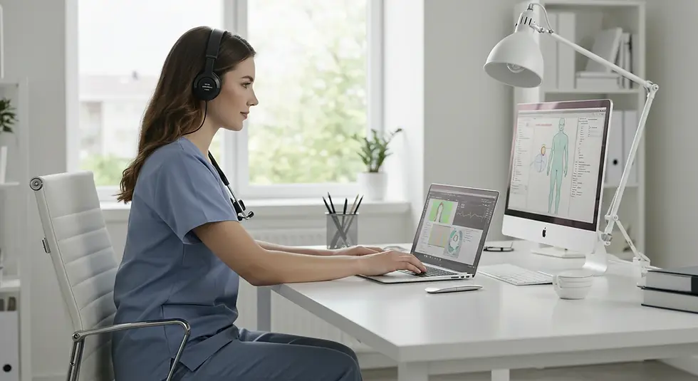 A woman in blue scrubs uses a laptop and desktop in a bright office. She wears headphones, focused on medical data. Minimalist decor.