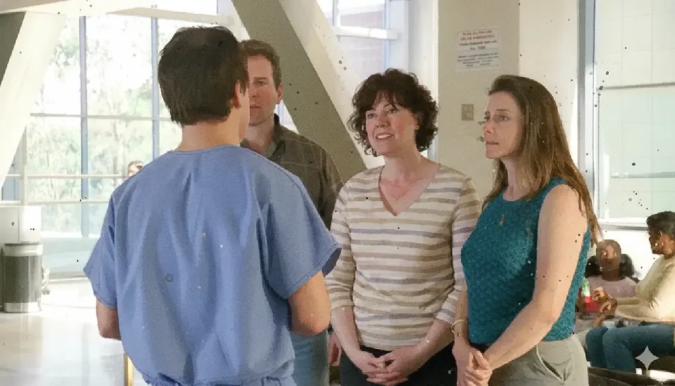 A medical professional in blue scrubs talks to three attentive adults in a hospital waiting area. Large windows and seated people are visible.