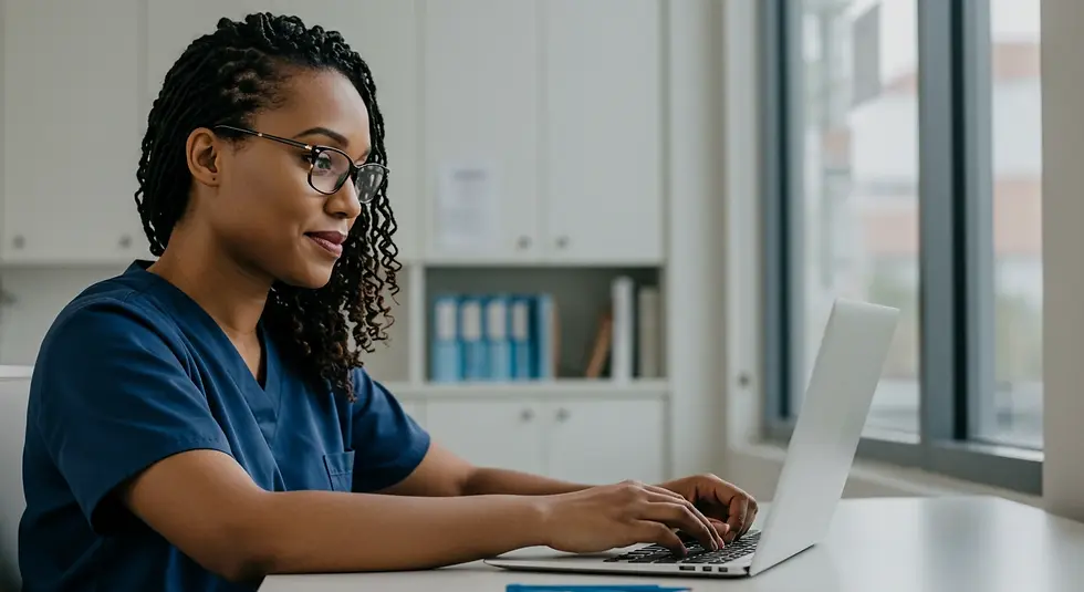 Woman in blue scrubs types on a laptop in a bright office with white shelves and windows. She's focused and appears content.