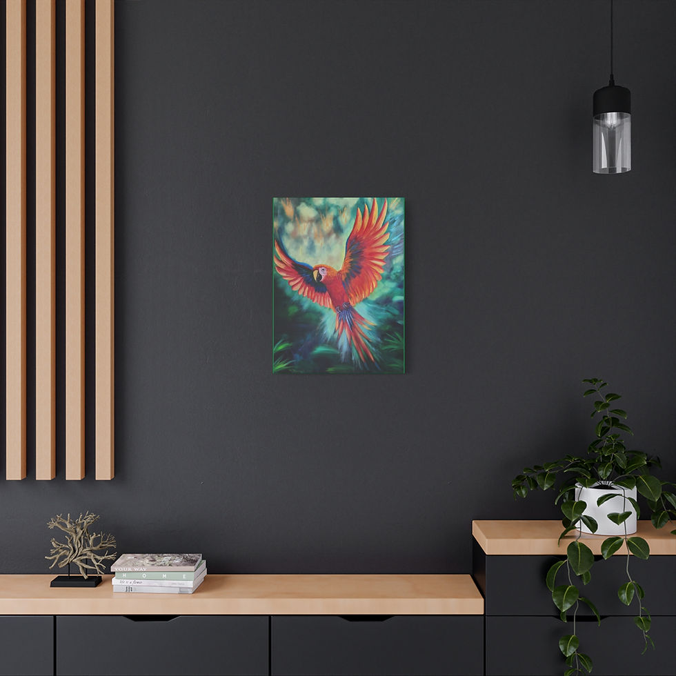 Thumbnail: Stunning bright red macaw flying free in the rainforest prints on matte canvas.