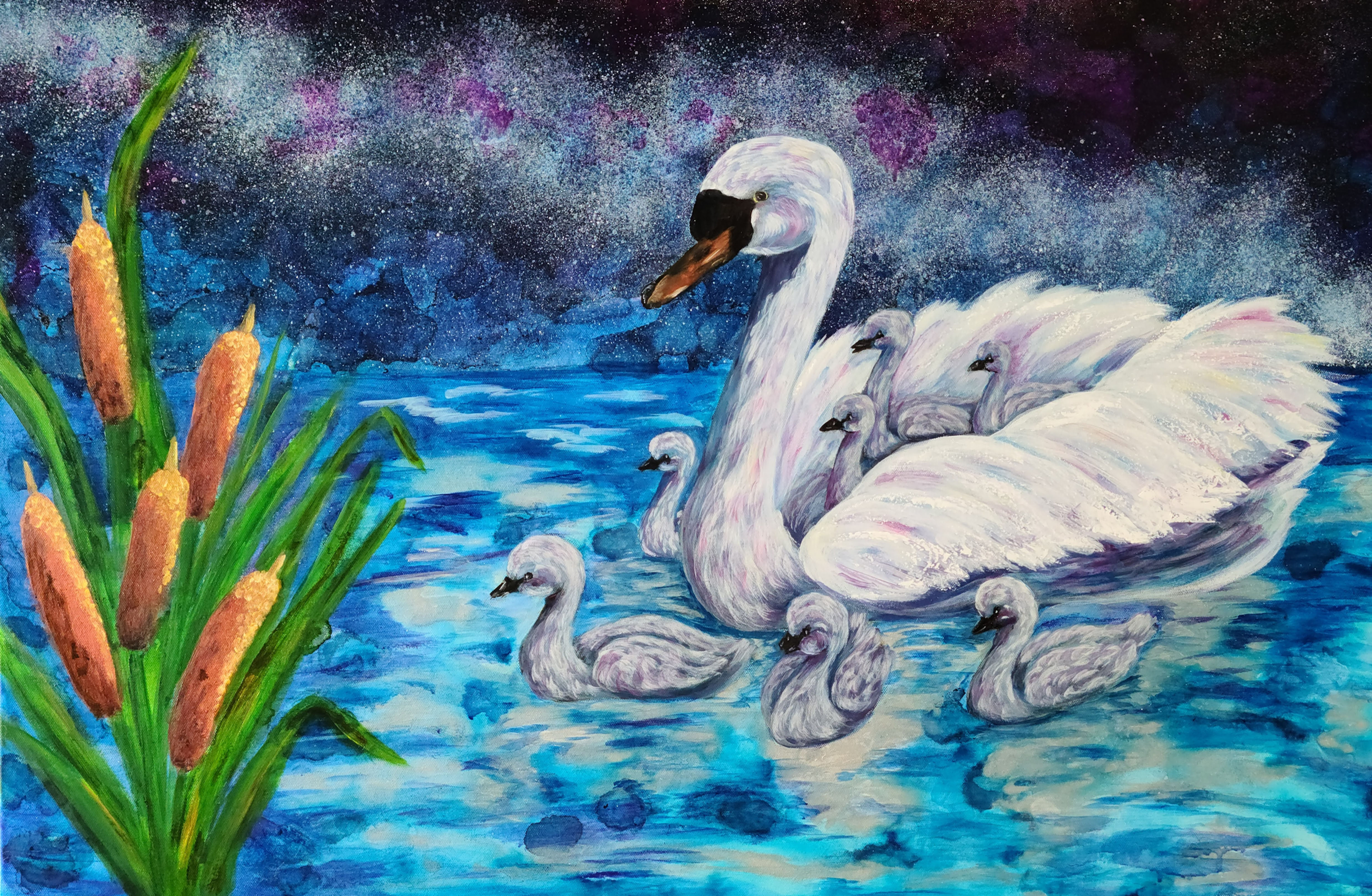 Midnight Swim Swan Painting