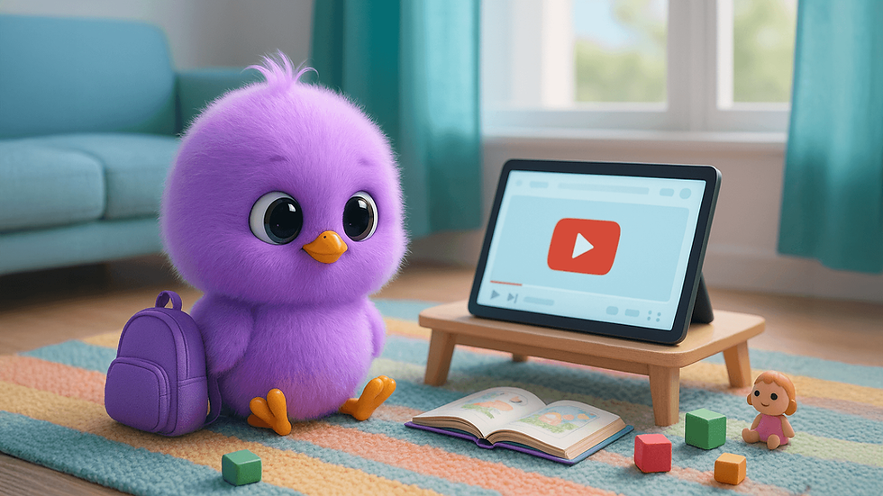 אפרוח סגול עם ילקוט לכיתה א' יושב בסלון ומסתכל בטאבלט על סרטון יוטיוב (לקראת כיתה א')