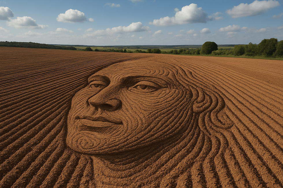 תלמים בשדה חרוש שיוצרים 'תמונה' של פרצוף. תמונת AI