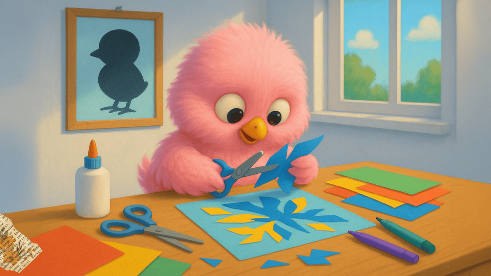 אפרוח ורוד עושה עבודות יצירה של גזירה והדבקה מנייר