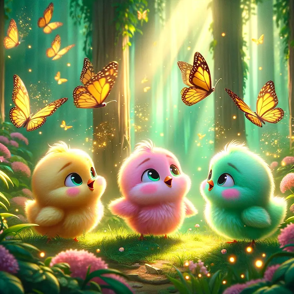 האפרוחים הגיבורים מדברים עם הפרפרים הזהובים