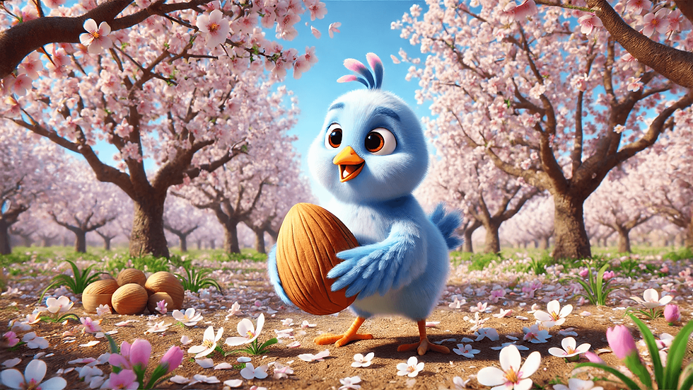 אפרוח כחול אוחז שקד, במטע של עצי שקד פורחים