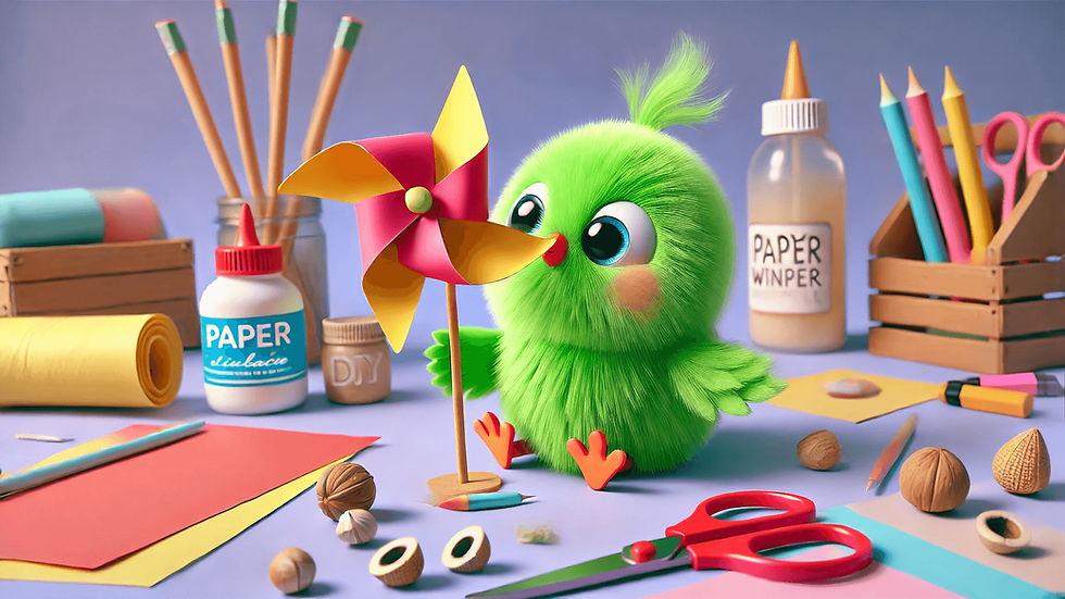 אפרוח ירוק נושף על שבשבת נייר צבעונית, לידו חומרי יצירה כמו דבק מספריים וניירות