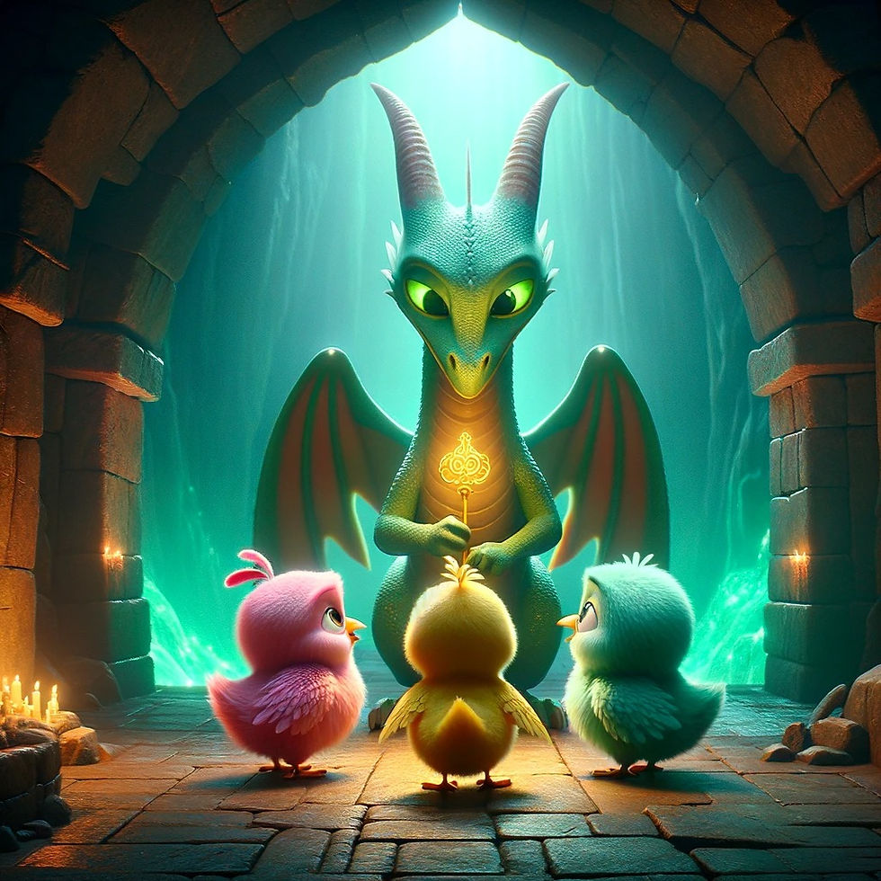 הדרקון נותן את המפתח לאפרוחים האמיצים אחרי שפתרו את החידה שלו