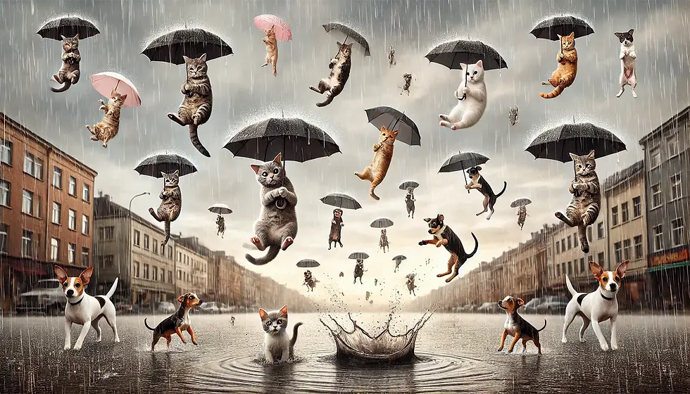 חתולים וכלבים יורדים מהשמיים כמו גשם לתוך שלולית. איור AI