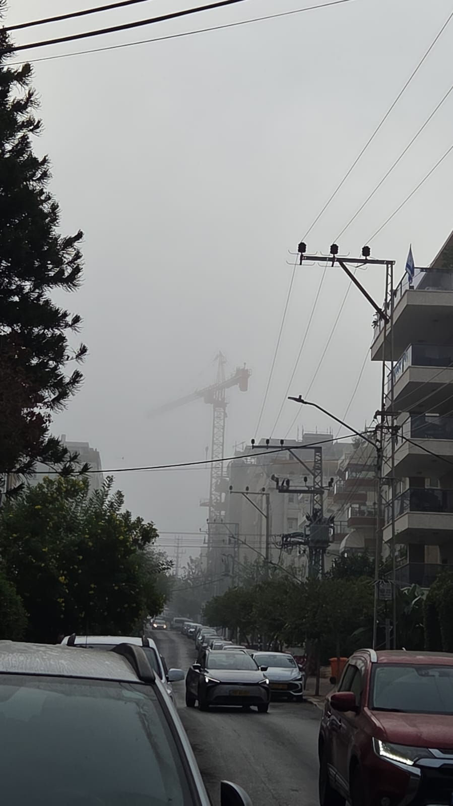 צילום בצבע שנראה קצת שחור/לבן, של ערפל ברחובות העיר רחובות. צילום הדס שחם