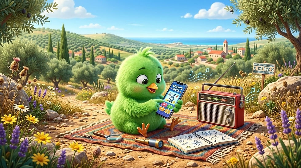 אפרוח ירוק יושב בחיק הטבע, בנוף ארץ-ישראלי שמציג כפר ישראלי, עצמים ושדות ואפילו ים באופק. לידו רדיו שמנגן שירים, מולו מחברת, לצידו זכוכית מגדלת ומשקפת, הוא משחק בסלולר ב'חידון מדעי'.