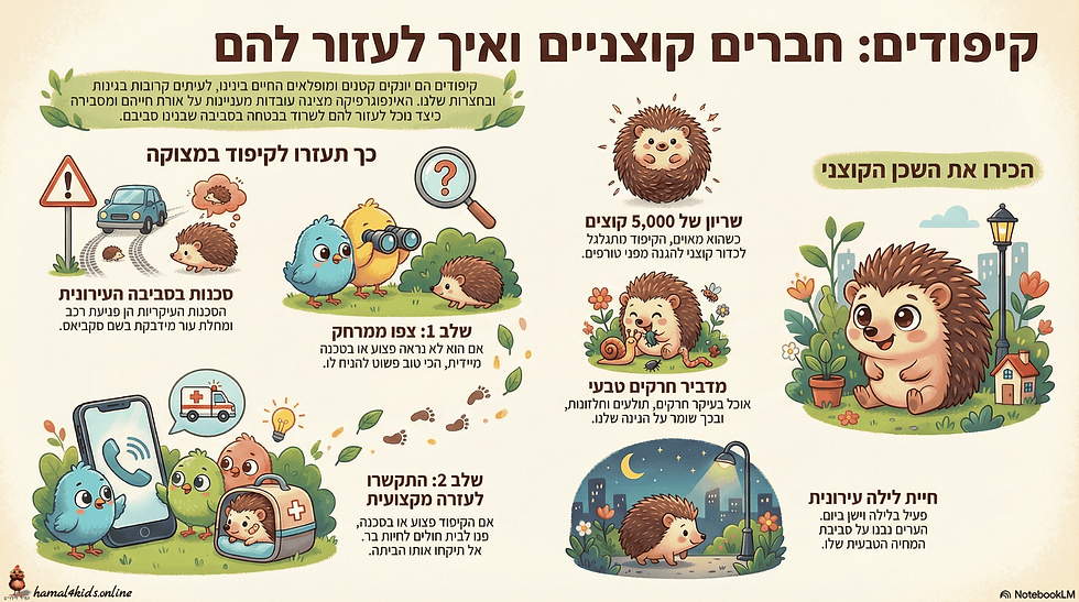 אינפוגרפיקה צבעונית שמציגה סיכום מאויר שמסביר על הקיפוד בטבע, עם קיפודים ואפרוחים.