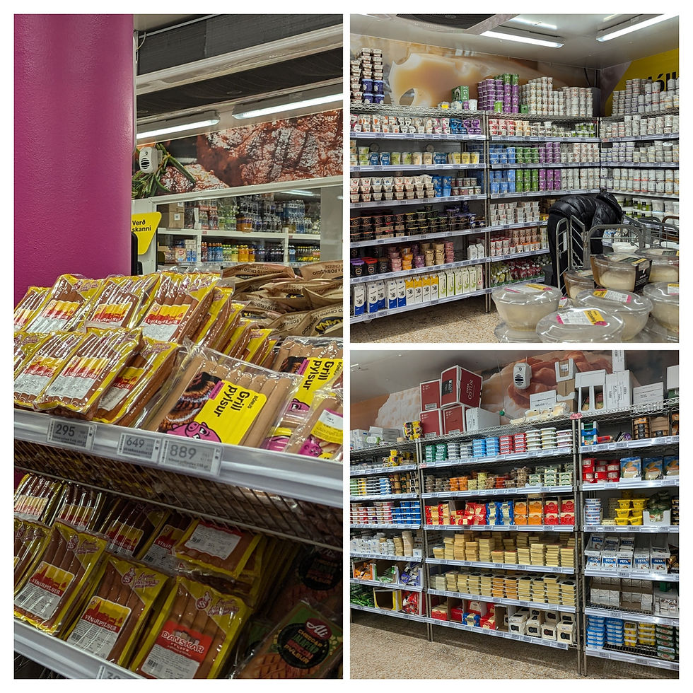 קולאז'של 3 תמונות מ-3 כיוונים שונים של חדר ה'מקרר' בסופרמרקט רגיל באיסלנד, שם במקום מקררים יש חדר עם מדפים עליהם יוגורטים, חבילות של נקניקיות, ארגזי מאכלים שצריכים קירור. צילומים וקולאז' - עדי ברטשניידר. 