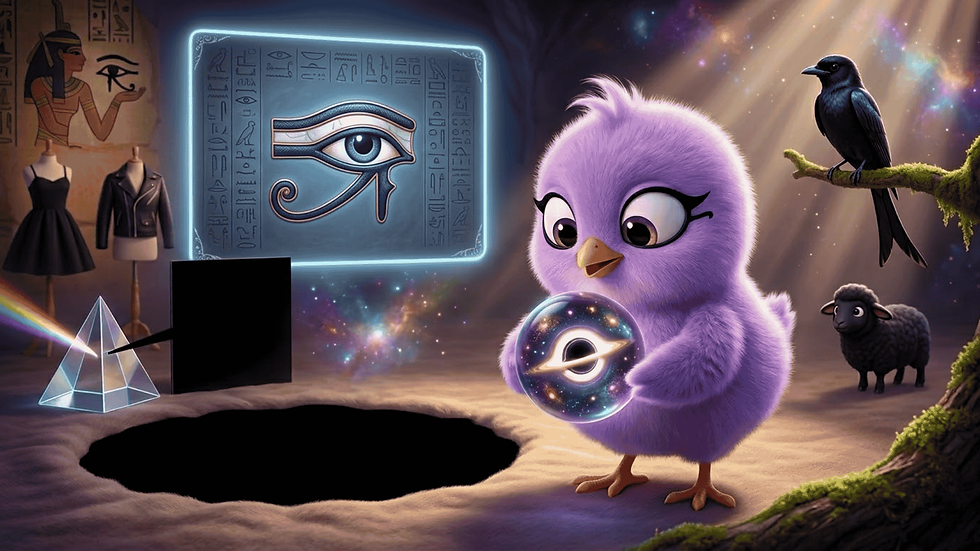 אפרוח סגול עם איפור של אייליינר שחור סביב העיניים, מחזיק כדור בדולח גדול בתוכו יש כוכב לכת שחור עם טבעת זוהרת וכוכבים מסביב, הוא עומד ליד חור שחור. מאחוריו כבשה שחורה ועורב שחור. קרני אור מגיעים מהפינה למעלה. בצד השני מנסרה שמצד אחד שלה נכנסים או יוצאים קרניים בצבעי הקשת ומהצד השני יוצא ריבוע שחור, מאחוריה יש מעמדי בגדים של חייטים אחד עם ז'קט עור שחור ושני עם שמלה שחורה קטנה, מאחורי זה איור 'פרעוני' על הקיר ובצד מסך זוהר עם העין של רע של המיתולוגיה המצרית.