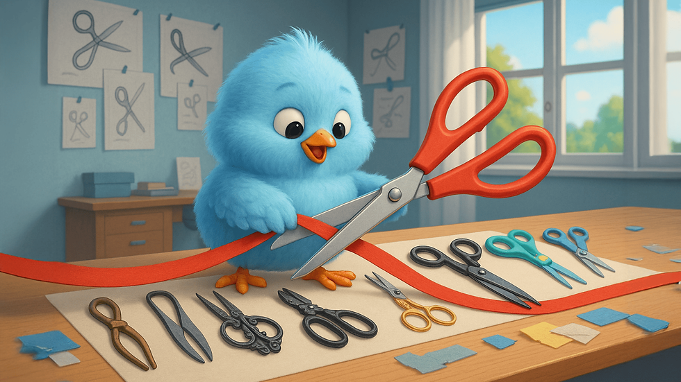 אפרוח תכלת גוזר סרט אדום עם מספריים גדולים. מולו על השולחן בחדר העבודה יש שורה של מספריים שונות ומשונות ממספריים עתיקים מברזל ועד למספריים מפלסטיק של ילדים. על הקיר מאחוריו ליד החלון תרשימים וציורים של מספריים.