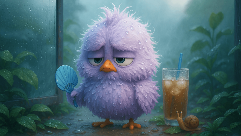 אפרוח סגול ביער טרופי עם מניפה, לידו חלון זכוכית עם טיפות לחות וכוס שתיה עם קרח וחילזון, הנוצות שלו רטובות מרוב לחות והוא לא נראה מרוצה בכלל, בגלל החום והלחות הגבוהים 