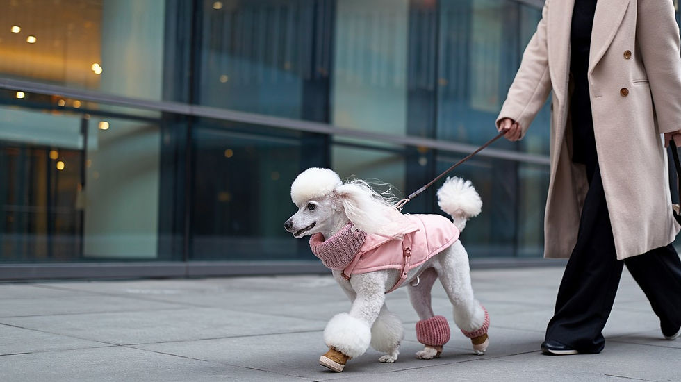 פודל לבן עם מעיל ורוד ומגפיים, ברחוב, מוליכה אותו אישה במעיל בז' ארוך. תמונת AI
