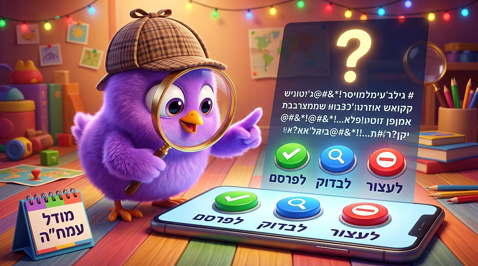 אפרוח סגול עם כובע בלש הזכוכית מגדלת מסתכל על מסך עם ג'יבריש עומד ללחוץ על כפתור אחד מ-3 - לעצור, לבדוק, לפרסם. לידו פנקס קטן עם הכיתוב "מודל עמח"ה"